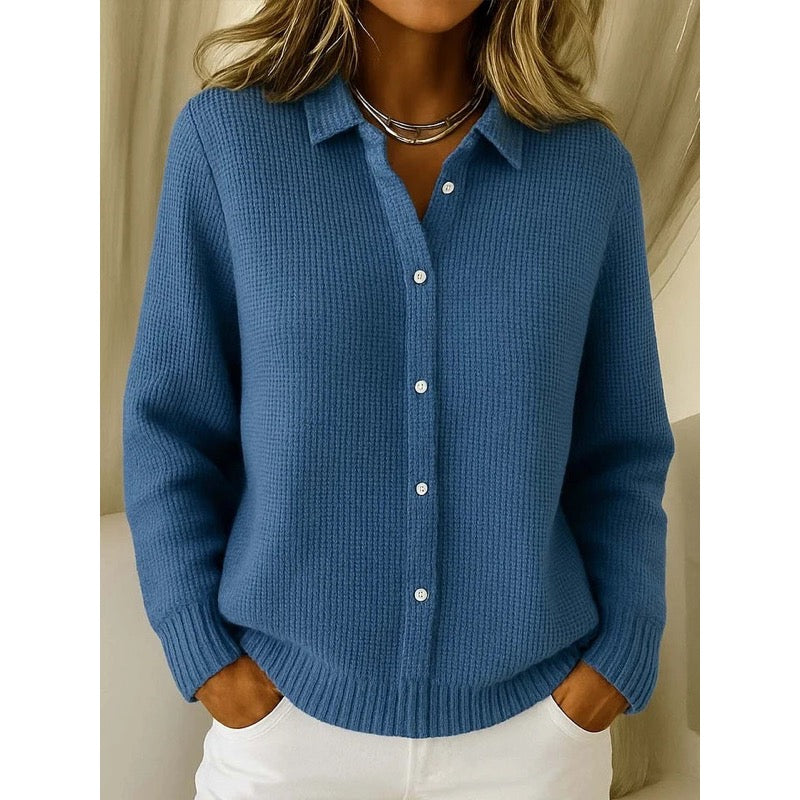 Women's waffle knit shirt-collar cardigan in dark blue