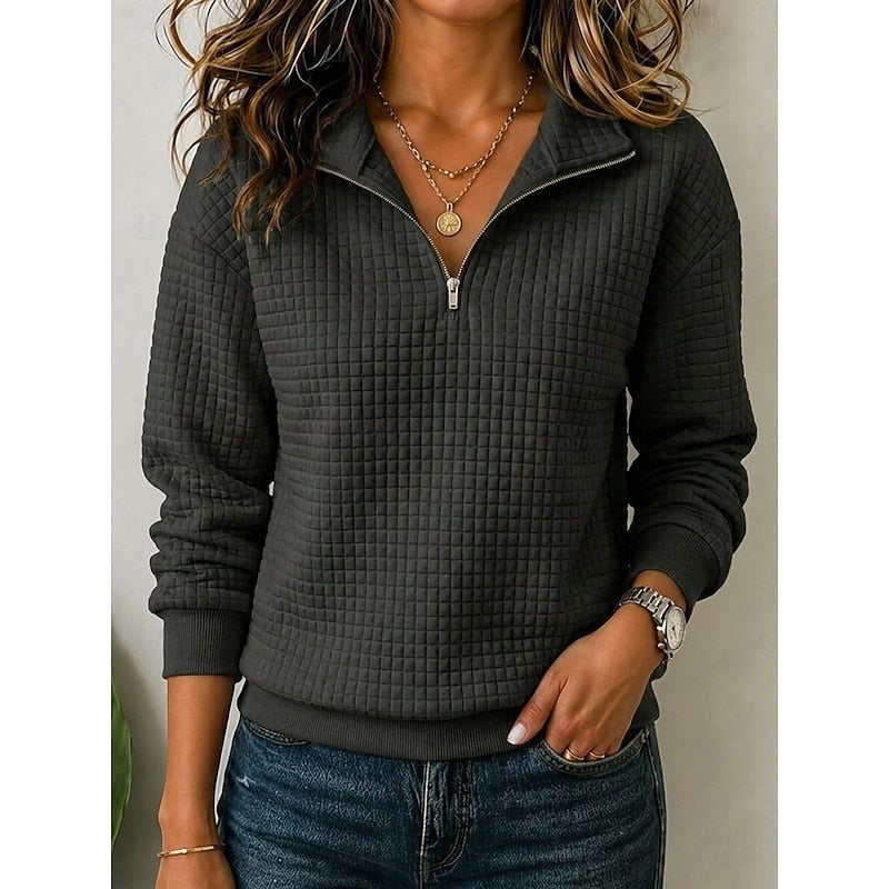 Women's waffle texture quarter-zip pullover in dark grey