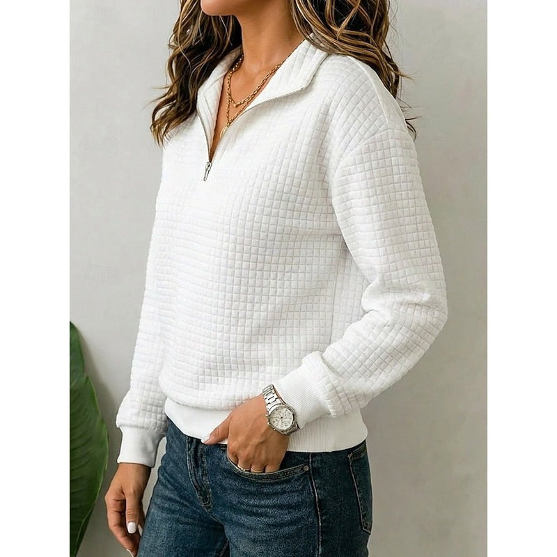 Women's waffle texture quarter-zip pullover in white, view 2