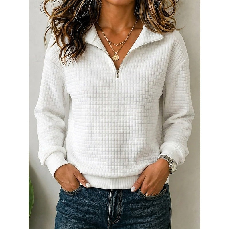 Women's waffle texture quarter-zip pullover in white