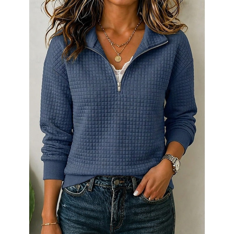 Women's waffle texture quarter-zip pullover in blue