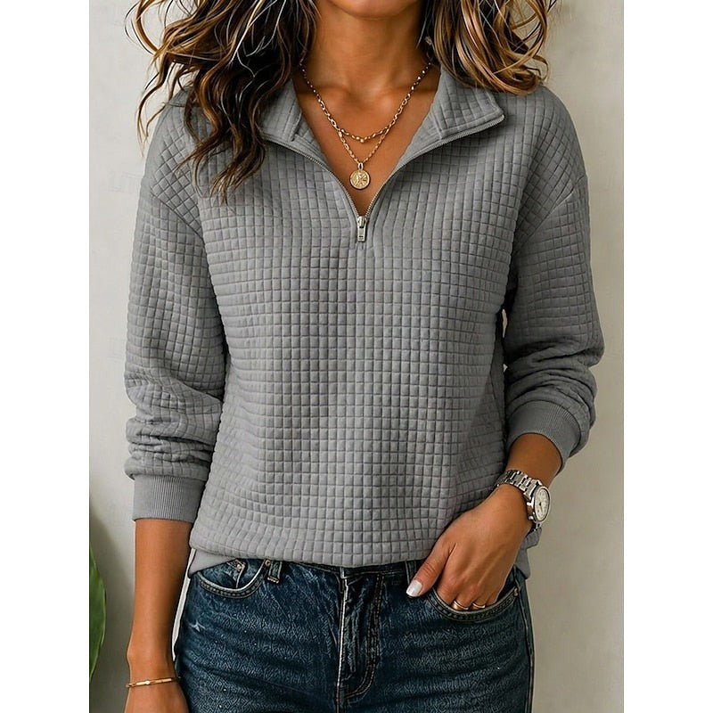 Women's waffle texture quarter-zip pullover in grey