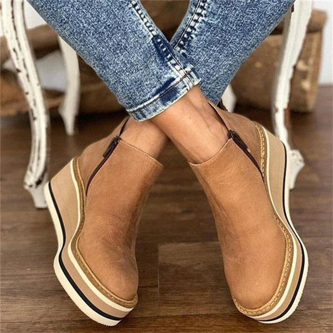 Beige wedge ankle boots – front view
