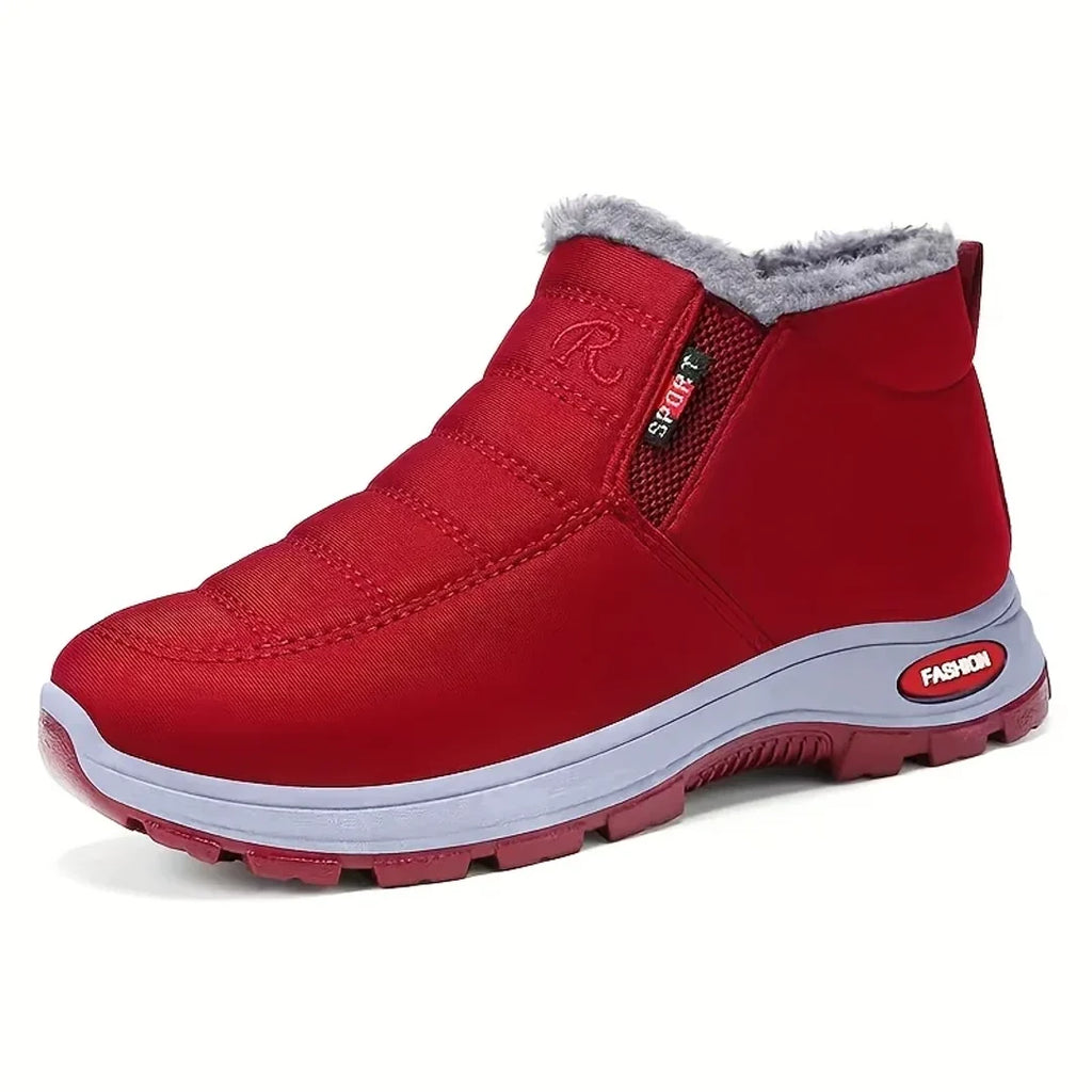 Women's red winter boot – studio view