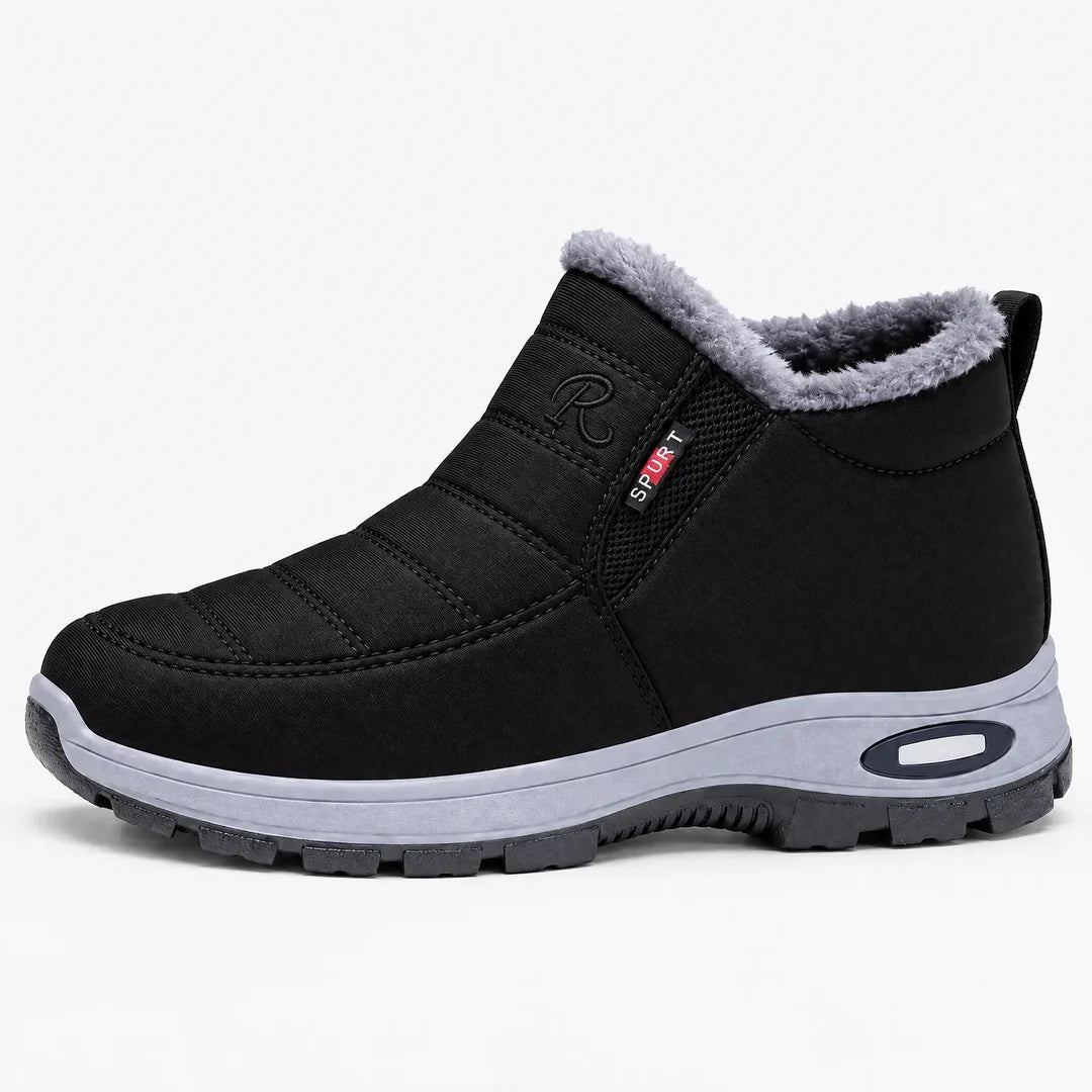 Women's black winter ankle boot with fluffy collar