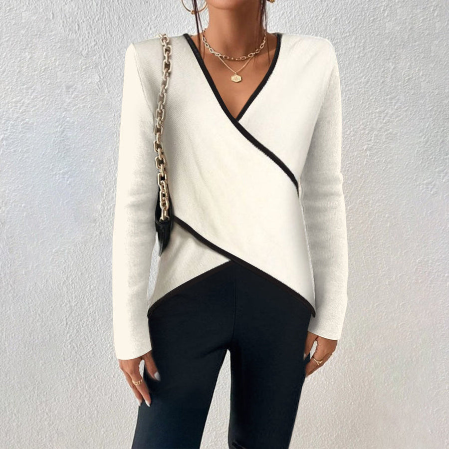Women's Wrap-Front V-Neck Sweater with Contrast Trim for Smart Casual Days