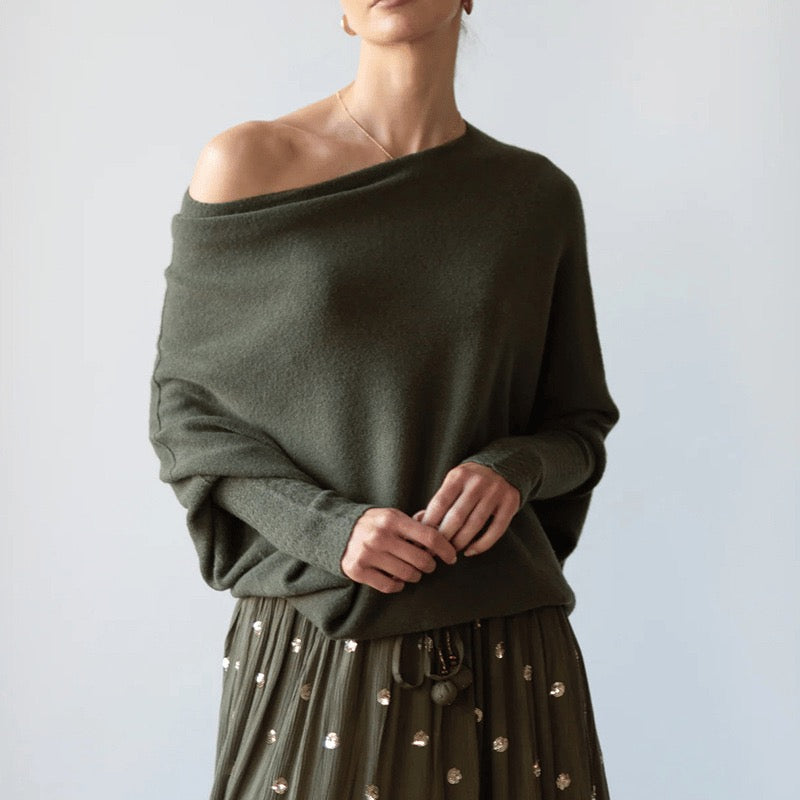 Army green off-shoulder knit poncho top