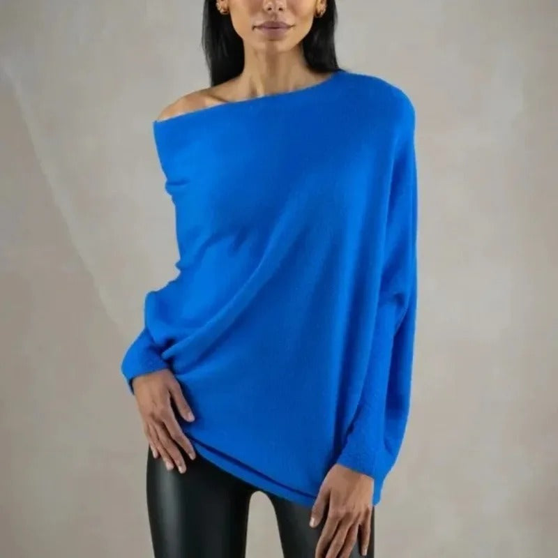 Blue off-shoulder knit poncho top