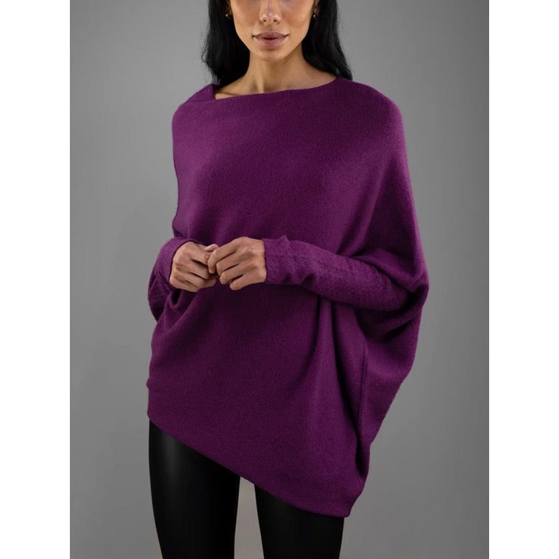 Purple asymmetric draped knit top
