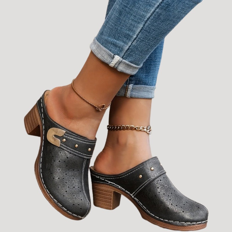 Women's Block Heel Clog Mules with Perforated Detail for Work and Weekend