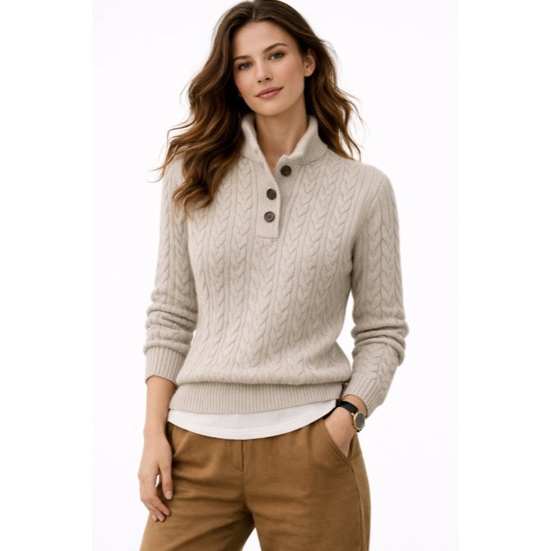 Beige cable knit sweater with buttoned collar