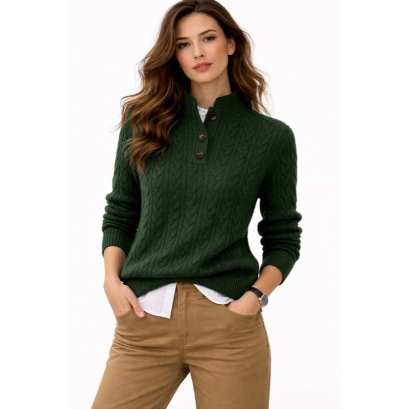 Dark green cable knit sweater with button high neck