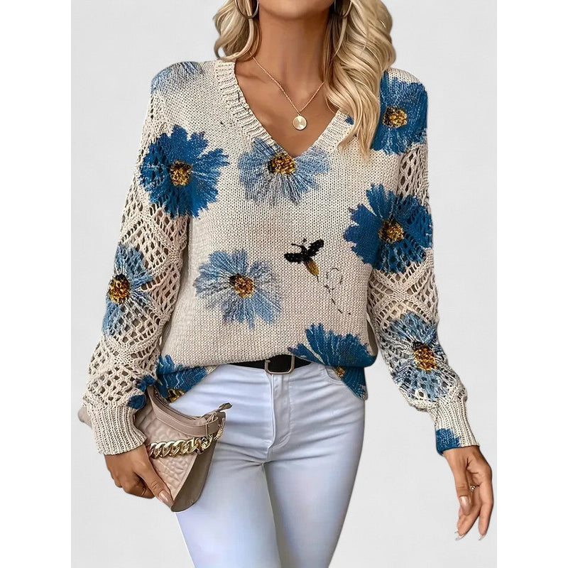 Women's Floral V-Neck Knit Sweater with Openwork Sleeves for Spring
