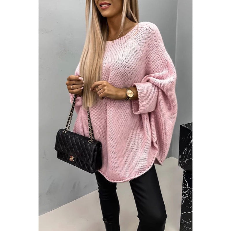 Pink batwing poncho sweater with curved hem