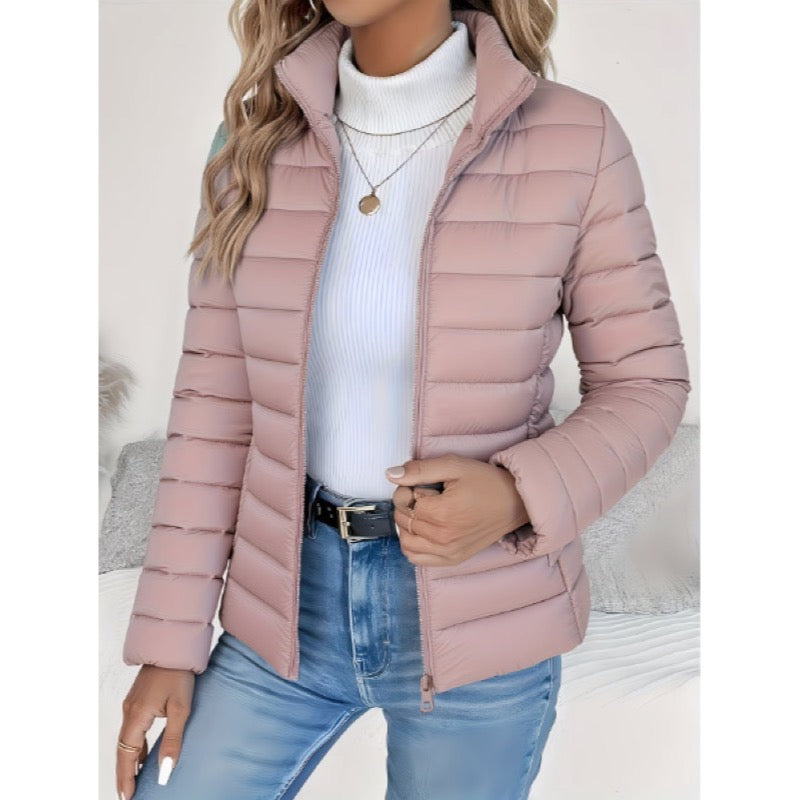 Pink lightweight quilted jacket with horizontal quilting