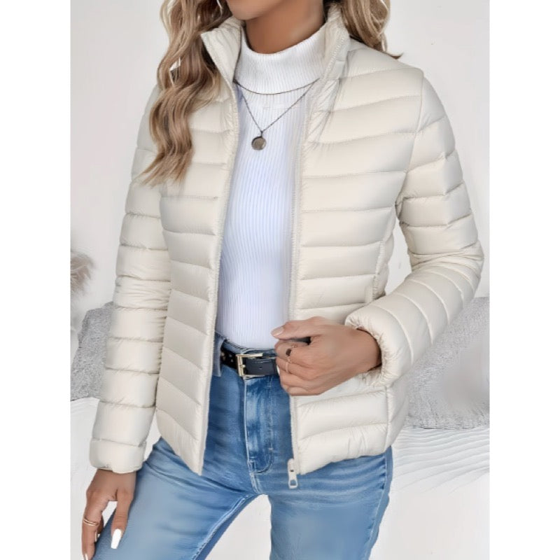 Cream lightweight quilted jacket with stand collar and full zip