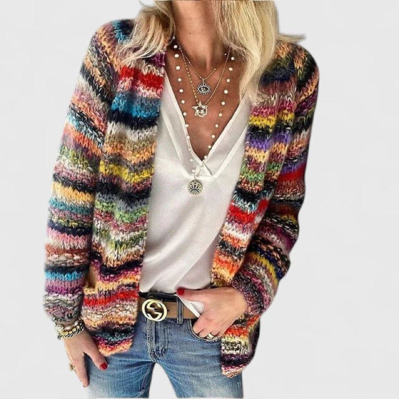 Women's Multicolour Open-Front Cardigan with Chunky Knit for Autumn Layering