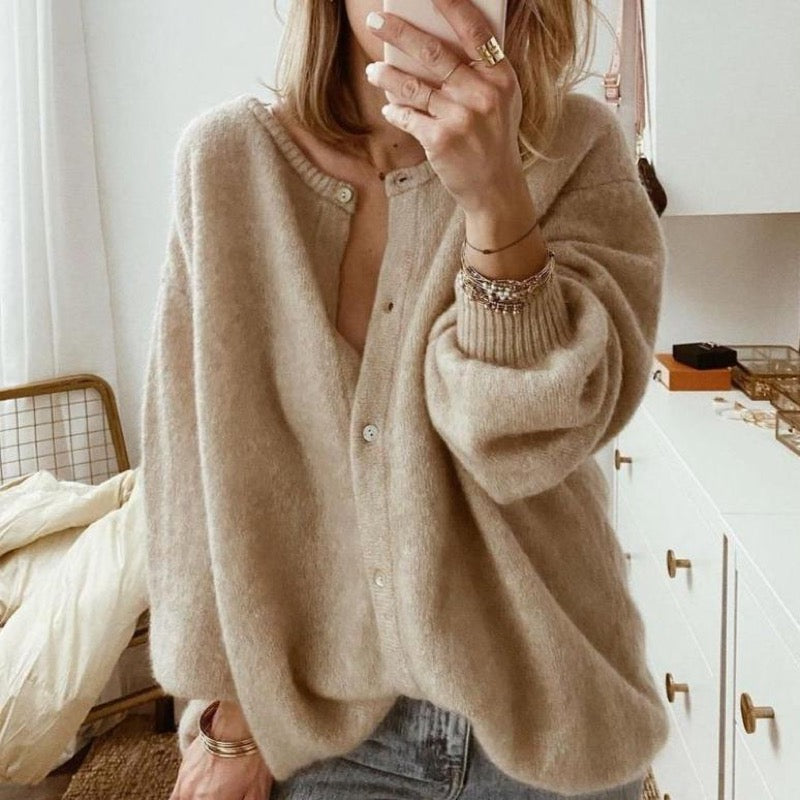 Women's Oversized Button Cardigan with Dropped Shoulders for Home and Weekend