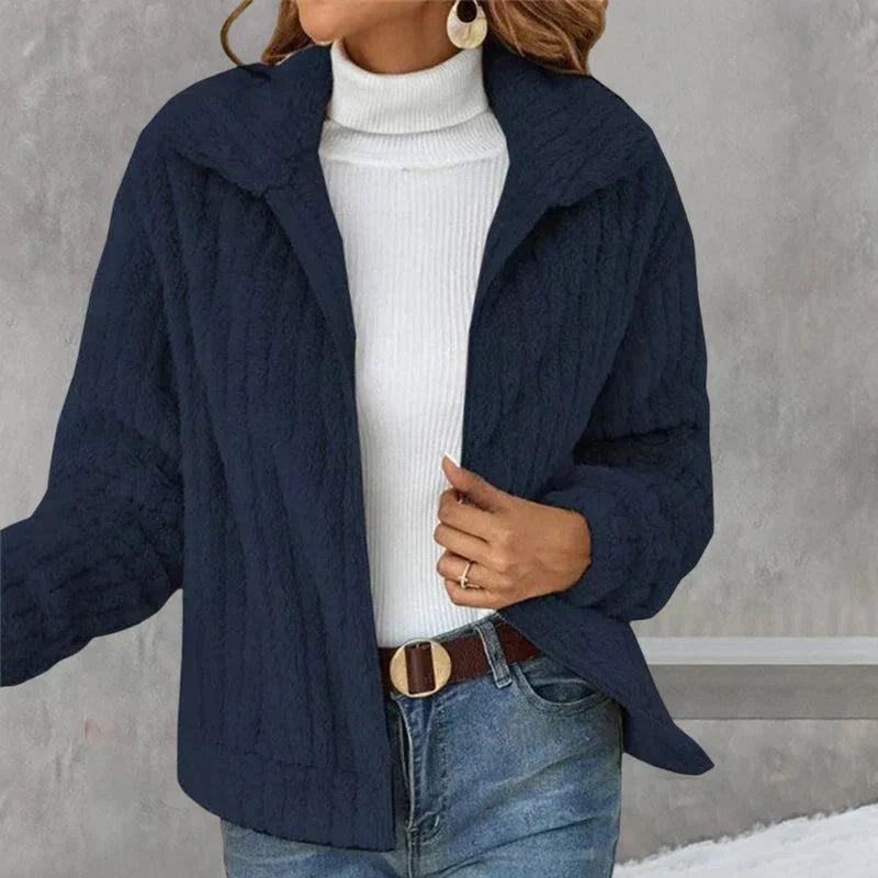 Navy blue plush jacket with high collar