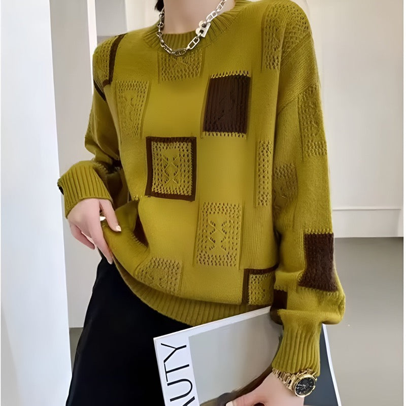Mustard yellow printed knit sweater with relaxed fit