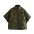 Olive green quilted cape jacket with stand collar – front product view