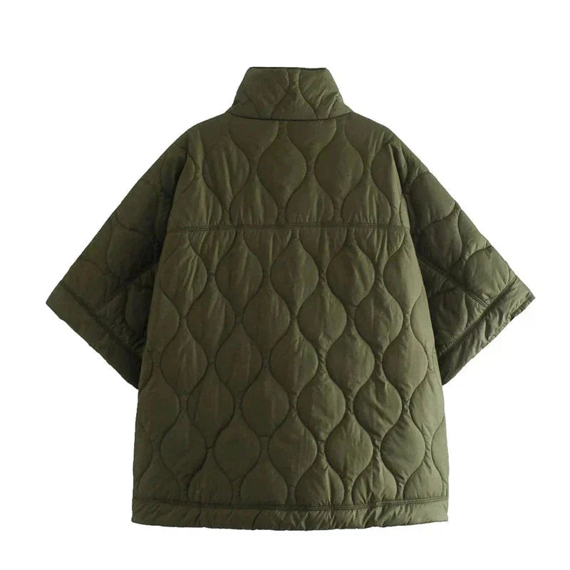 Olive green quilted cape jacket – back product view