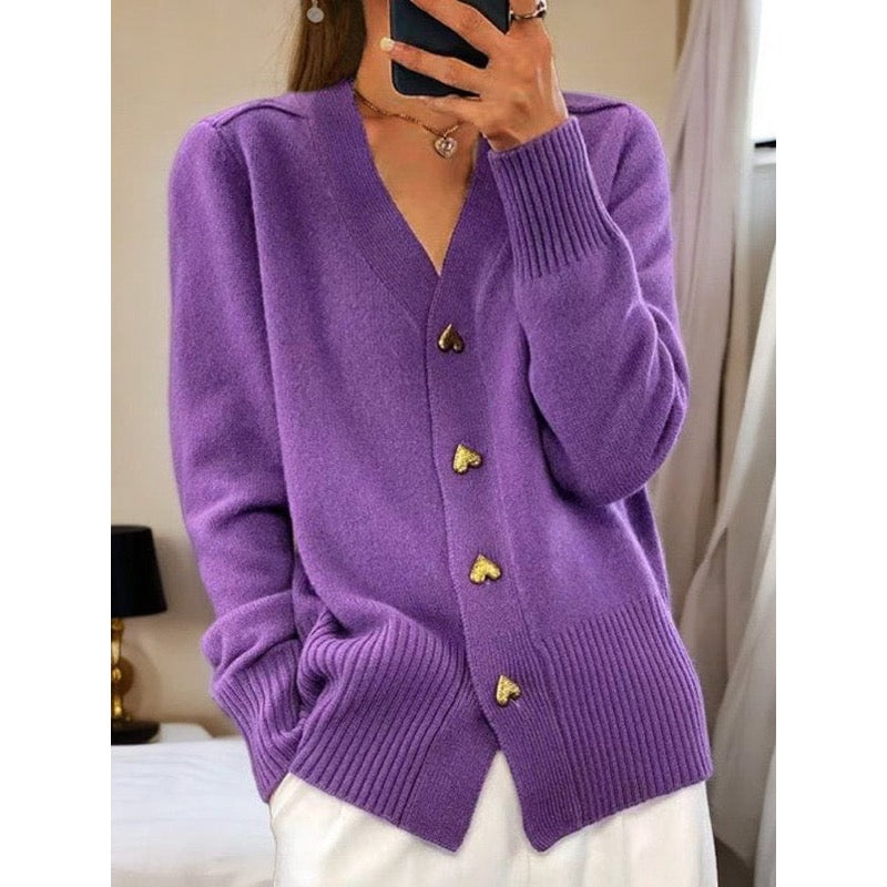 Purple V-neck cardigan with heart buttons
