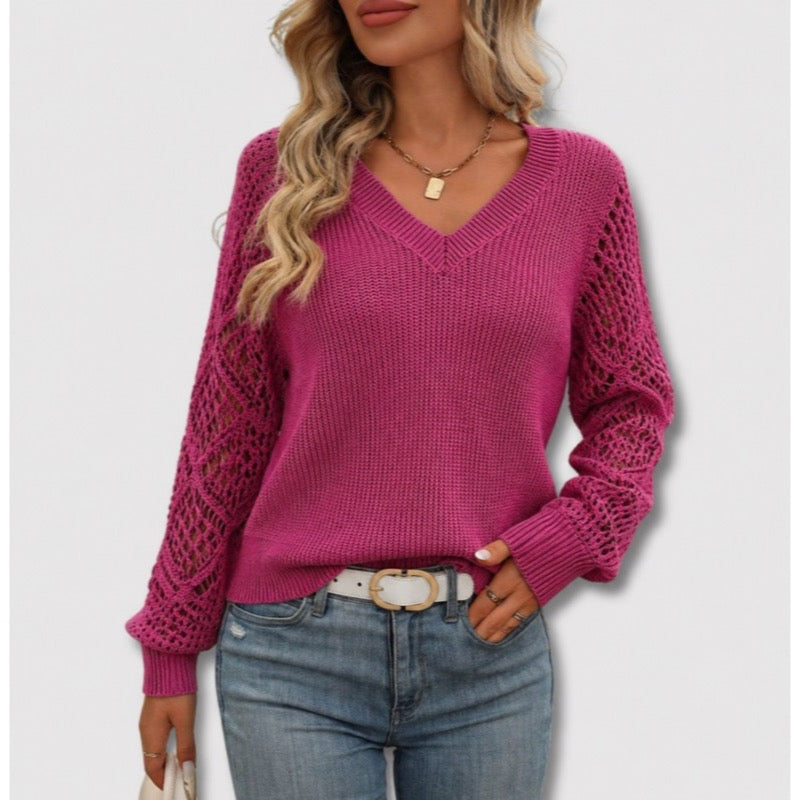 Women's V-Neck Sweater with Open-Knit Sleeves for Office and Weekend